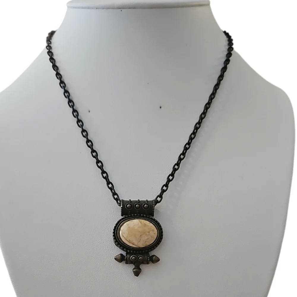 Vintage collectible brass Necklace with creamy marble stone pendant